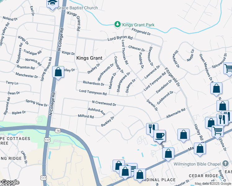 map of restaurants, bars, coffee shops, grocery stores, and more near 5110 Lord Tennyson Road in Wilmington
