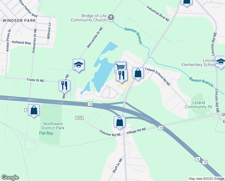 map of restaurants, bars, coffee shops, grocery stores, and more near 1013 Lake Norman Lane in Leland