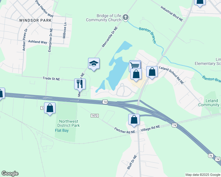 map of restaurants, bars, coffee shops, grocery stores, and more near 1214 Kerr Lake Drive in Leland