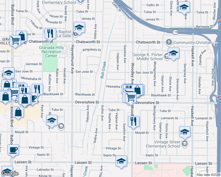 map of restaurants, bars, coffee shops, grocery stores, and more near 16322 Hiawatha Street in Los Angeles