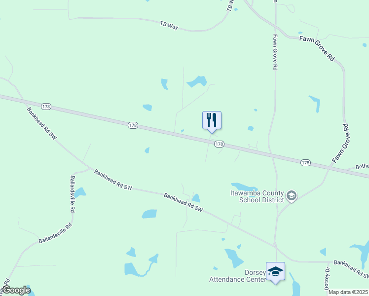 map of restaurants, bars, coffee shops, grocery stores, and more near 1626 Mississippi 178 in Mantachie