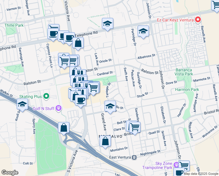 map of restaurants, bars, coffee shops, grocery stores, and more near 1740 Tanager Street in Ventura