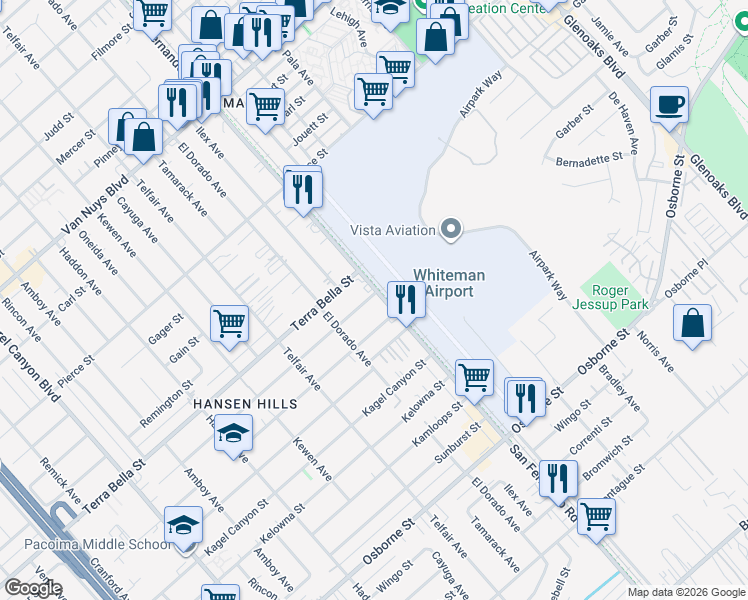 map of restaurants, bars, coffee shops, grocery stores, and more near 10365 San Fernando Road in Los Angeles