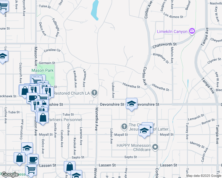 map of restaurants, bars, coffee shops, grocery stores, and more near 10405 Lubao Avenue in Los Angeles