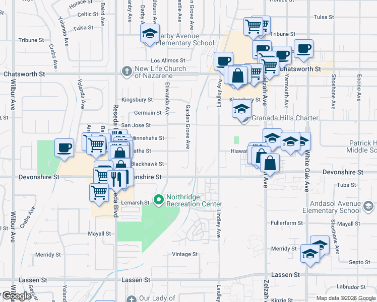 map of restaurants, bars, coffee shops, grocery stores, and more near Hiawatha Street in Los Angeles