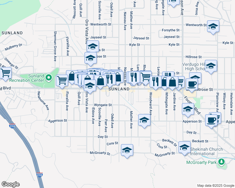 map of restaurants, bars, coffee shops, grocery stores, and more near 10424 McVine Avenue in Los Angeles