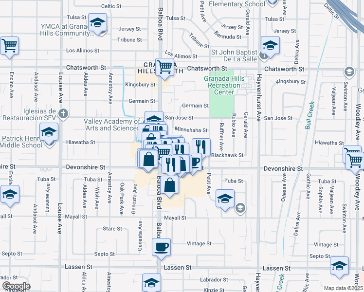 map of restaurants, bars, coffee shops, grocery stores, and more near 16915 Blackhawk Street in Granada Hills
