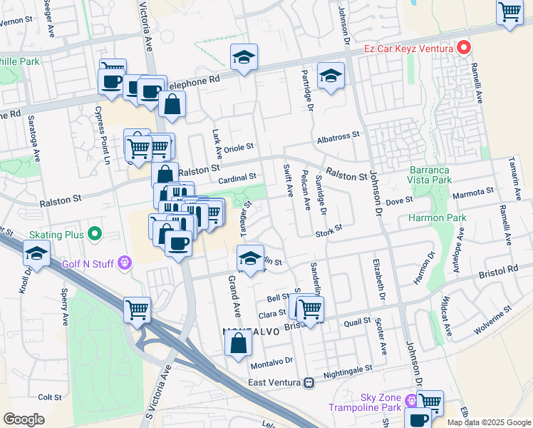 map of restaurants, bars, coffee shops, grocery stores, and more near 1880 South Hill Road in Ventura