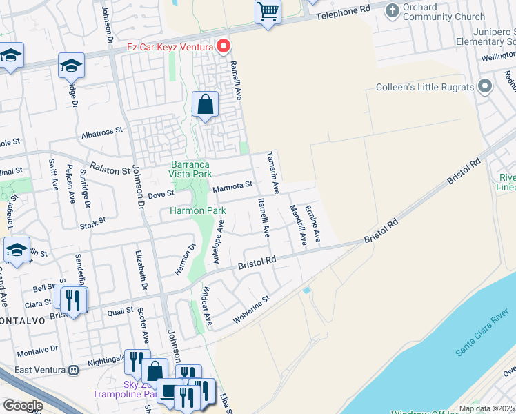 map of restaurants, bars, coffee shops, grocery stores, and more near 2063 Ramelli Avenue in Ventura