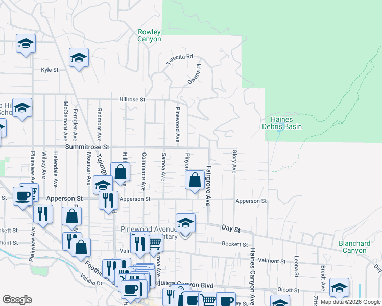 map of restaurants, bars, coffee shops, grocery stores, and more near 10444 Pinyon Avenue in Los Angeles
