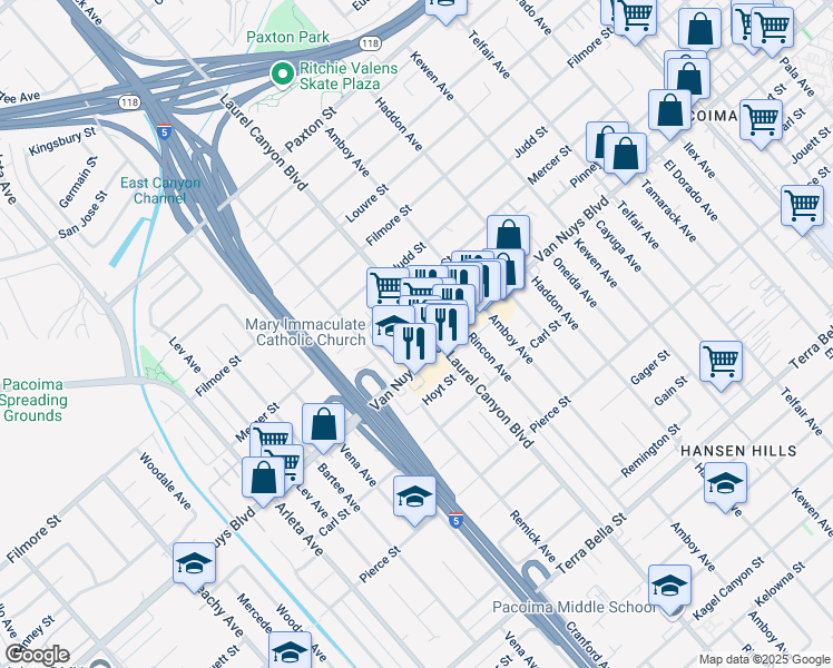 map of restaurants, bars, coffee shops, grocery stores, and more near 10417 Laurel Canyon Boulevard in Los Angeles