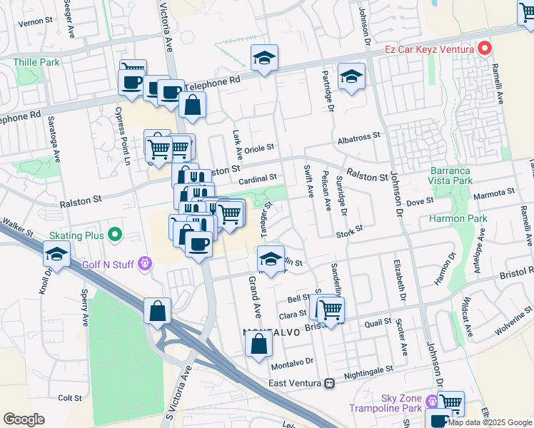 map of restaurants, bars, coffee shops, grocery stores, and more near 6276 Turnstone Street in Ventura