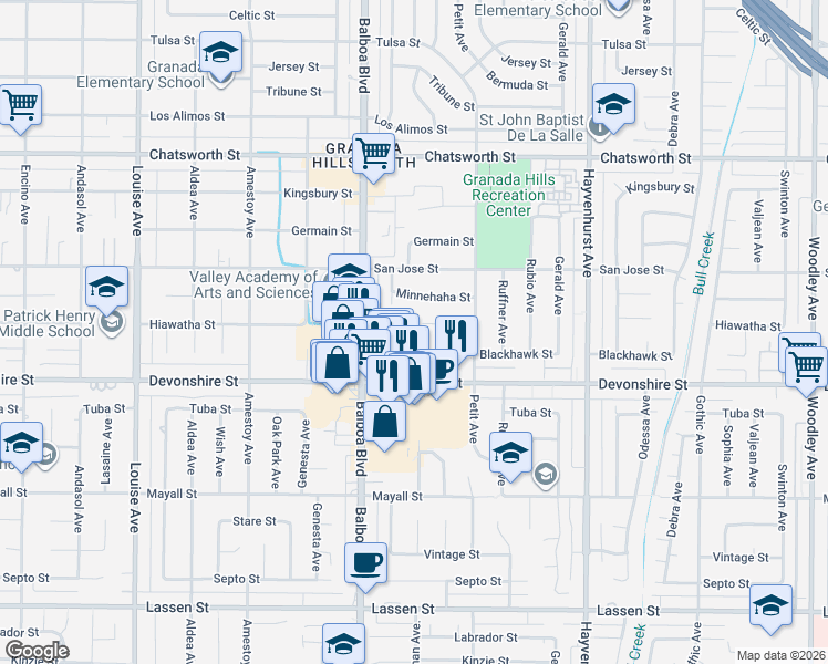 map of restaurants, bars, coffee shops, grocery stores, and more near 16915 Blackhawk Street in Los Angeles