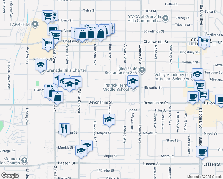 map of restaurants, bars, coffee shops, grocery stores, and more near 17456 Hiawatha Street in Los Angeles