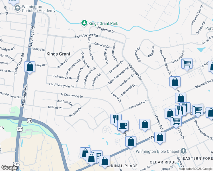 map of restaurants, bars, coffee shops, grocery stores, and more near 701 Darwin Drive in Wilmington