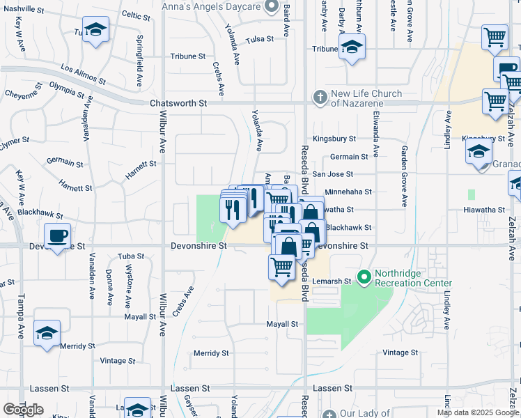 map of restaurants, bars, coffee shops, grocery stores, and more near 18601 Hiawatha Street in Los Angeles