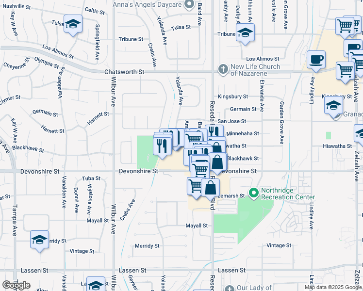 map of restaurants, bars, coffee shops, grocery stores, and more near 18601 Hiawatha Street in Los Angeles