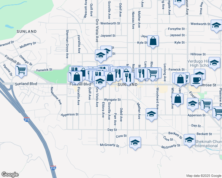 map of restaurants, bars, coffee shops, grocery stores, and more near 10423 Scoville Avenue in Los Angeles