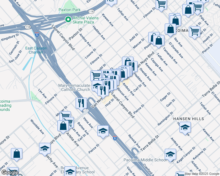 map of restaurants, bars, coffee shops, grocery stores, and more near 10417 Laurel Canyon Boulevard in Los Angeles