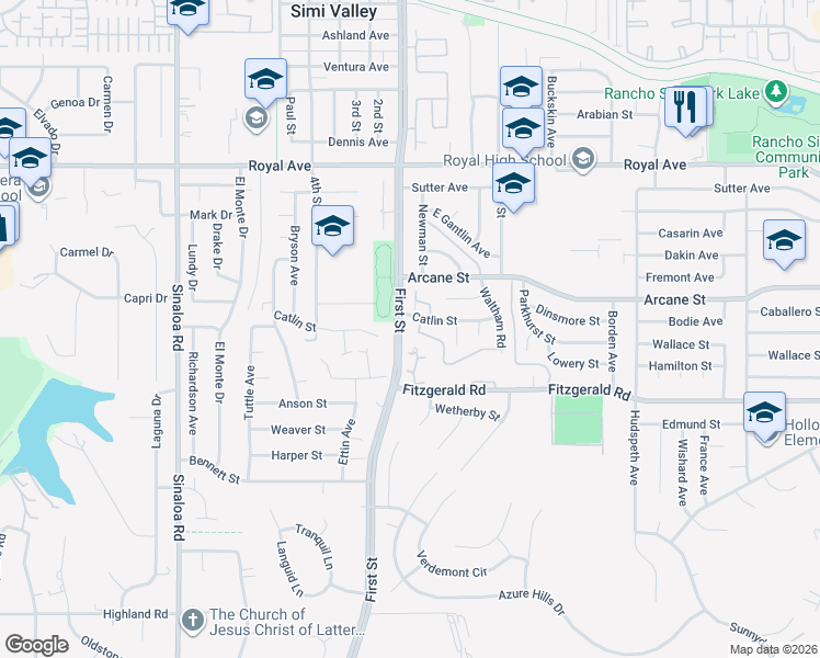 map of restaurants, bars, coffee shops, grocery stores, and more near 1106 Catlin Street in Simi Valley