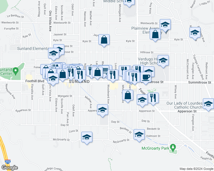 map of restaurants, bars, coffee shops, grocery stores, and more near 8000 Foothill Boulevard in Los Angeles