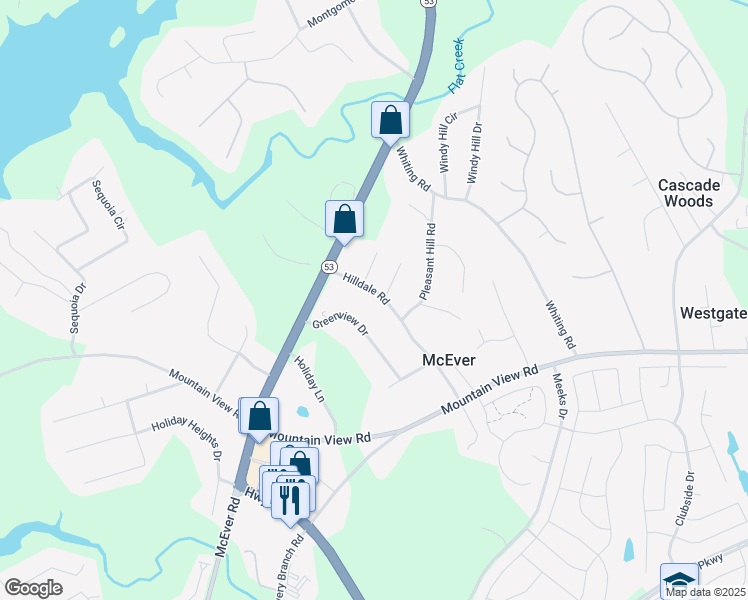 map of restaurants, bars, coffee shops, grocery stores, and more near 3945 Greenview Drive in Oakwood