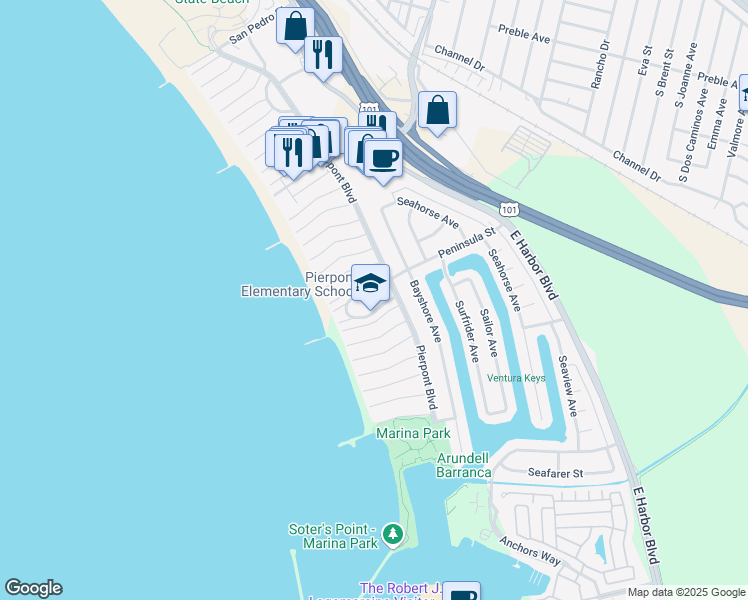 map of restaurants, bars, coffee shops, grocery stores, and more near 1254 Marthas Vineyard Court in Ventura