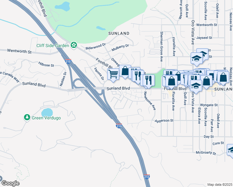 map of restaurants, bars, coffee shops, grocery stores, and more near 10480 Sunland Boulevard in Los Angeles