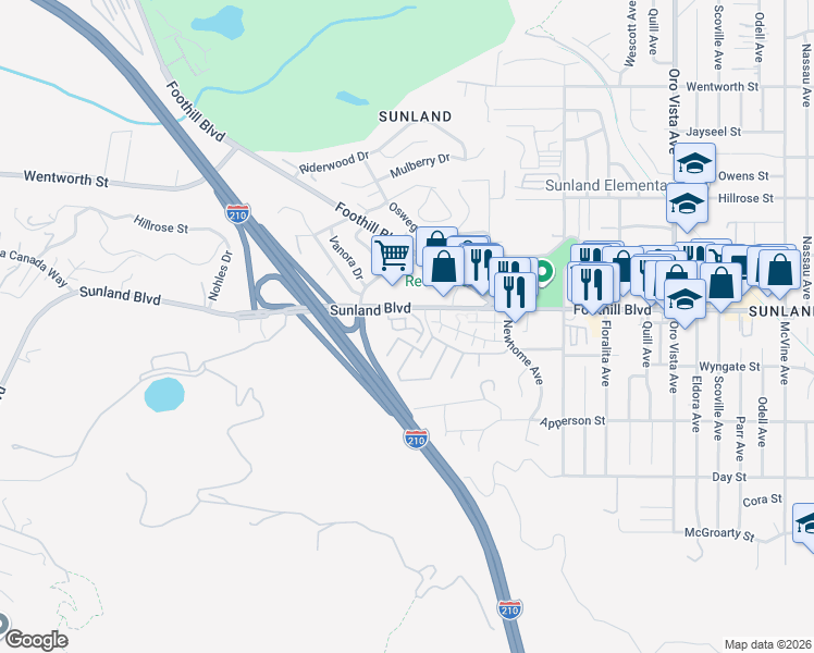 map of restaurants, bars, coffee shops, grocery stores, and more near 10480 Sunland Boulevard in Los Angeles