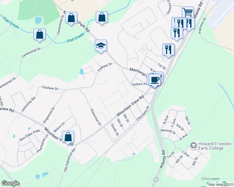 map of restaurants, bars, coffee shops, grocery stores, and more near 2372 Mountain View Road in Gainesville