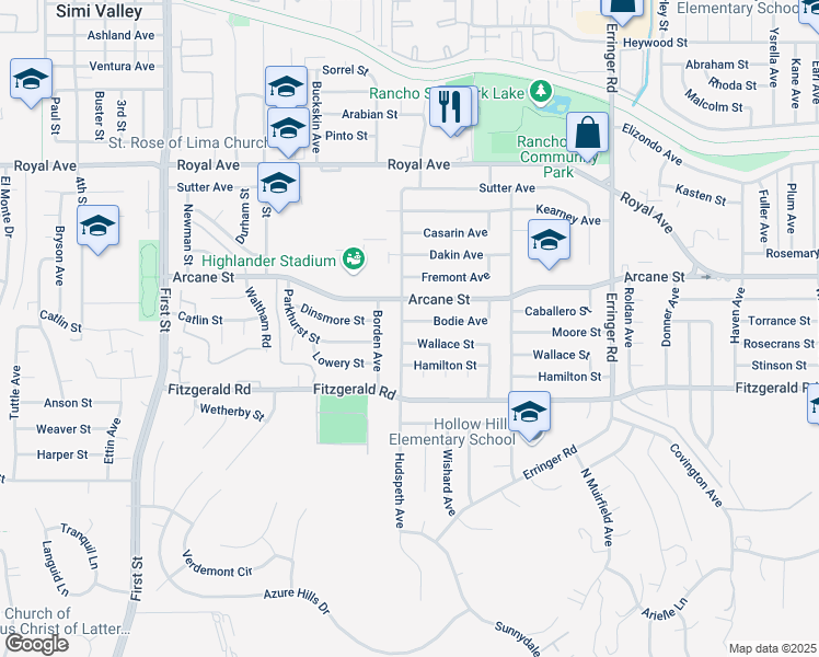 map of restaurants, bars, coffee shops, grocery stores, and more near 1077 Hudspeth Avenue in Simi Valley