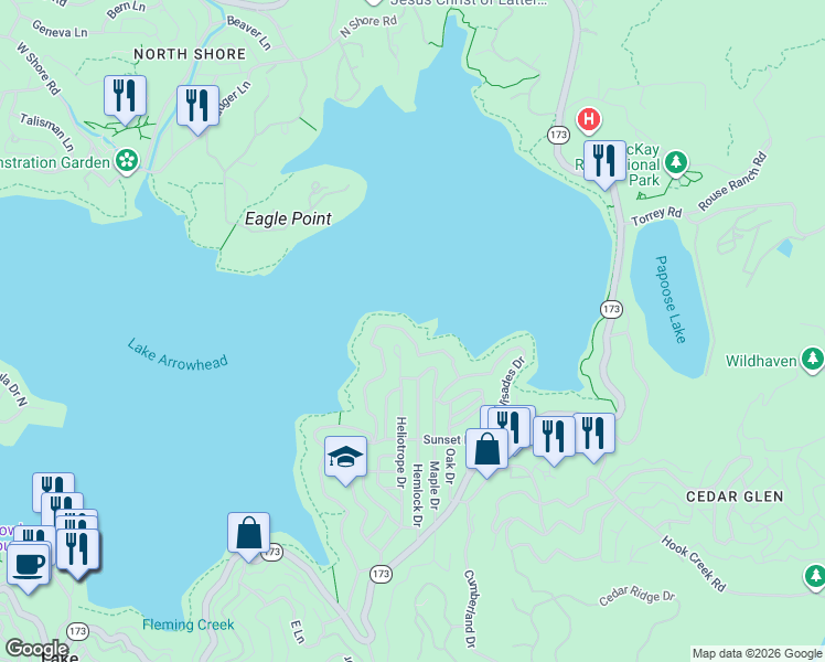 map of restaurants, bars, coffee shops, grocery stores, and more near 28782 Palisades Drive in Lake Arrowhead