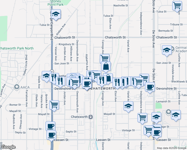 map of restaurants, bars, coffee shops, grocery stores, and more near 10401 Willowbrae Avenue in Los Angeles