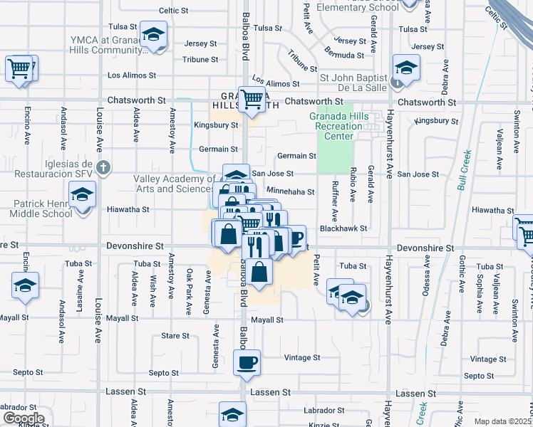 map of restaurants, bars, coffee shops, grocery stores, and more near 16925 Blackhawk Street in Los Angeles