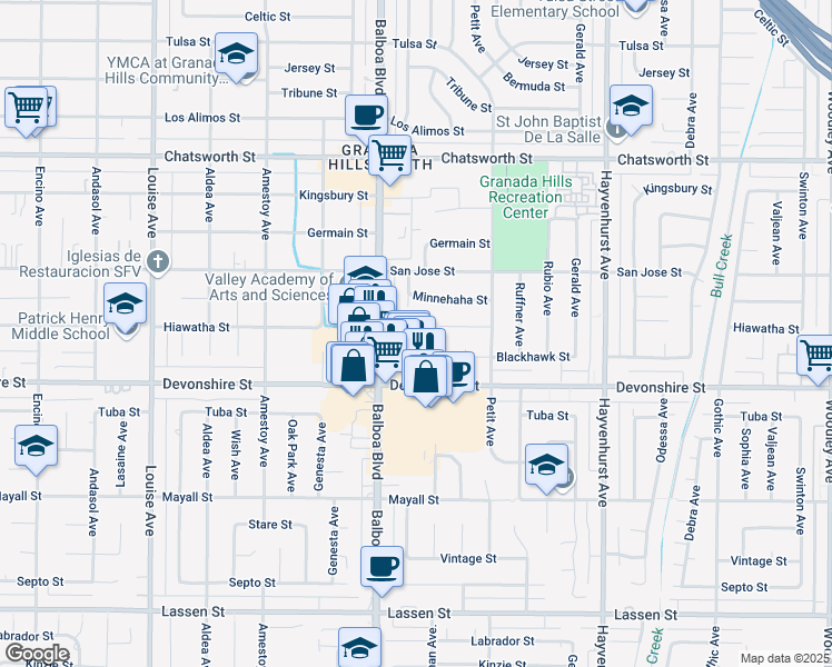 map of restaurants, bars, coffee shops, grocery stores, and more near 16925 Blackhawk Street in Los Angeles