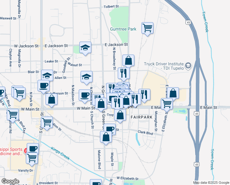 map of restaurants, bars, coffee shops, grocery stores, and more near 300 North Broadway Street in Tupelo