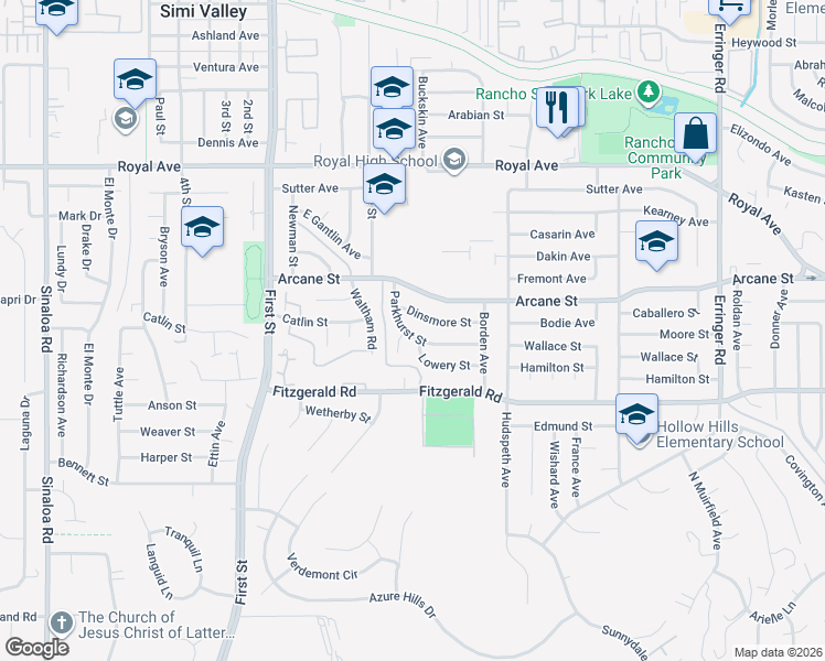 map of restaurants, bars, coffee shops, grocery stores, and more near 1359 Parkhurst Street in Simi Valley