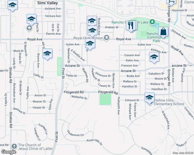 map of restaurants, bars, coffee shops, grocery stores, and more near 1359 Parkhurst Street in Simi Valley
