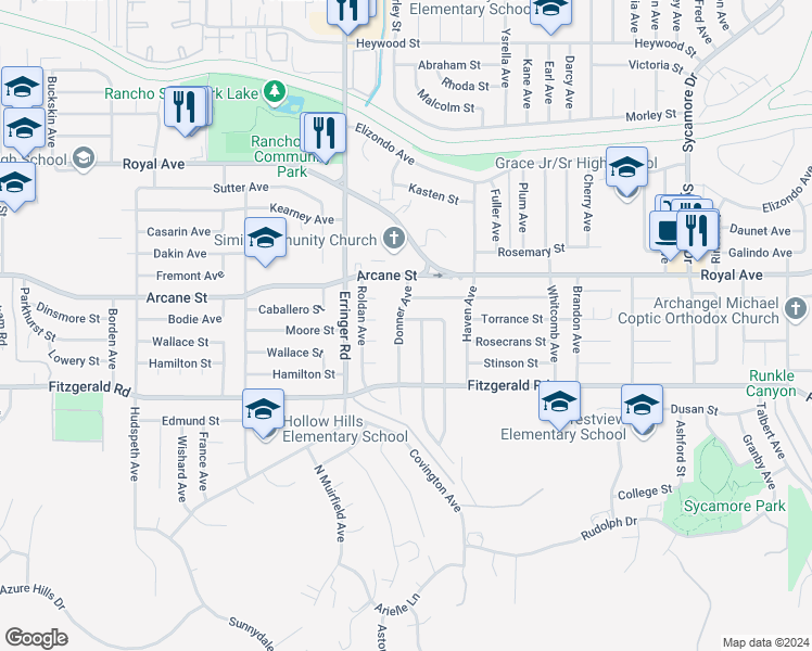 map of restaurants, bars, coffee shops, grocery stores, and more near 1124 Donner Avenue in Simi Valley