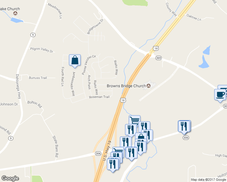 map of restaurants, bars, coffee shops, grocery stores, and more near 4970 Roseman Trail in Cumming