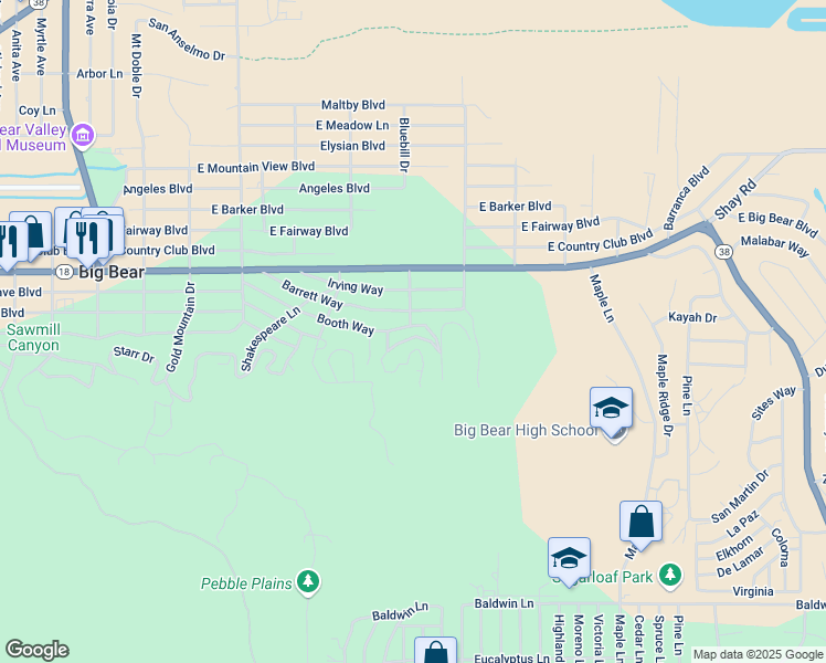 map of restaurants, bars, coffee shops, grocery stores, and more near 700 Booth Way in Big Bear