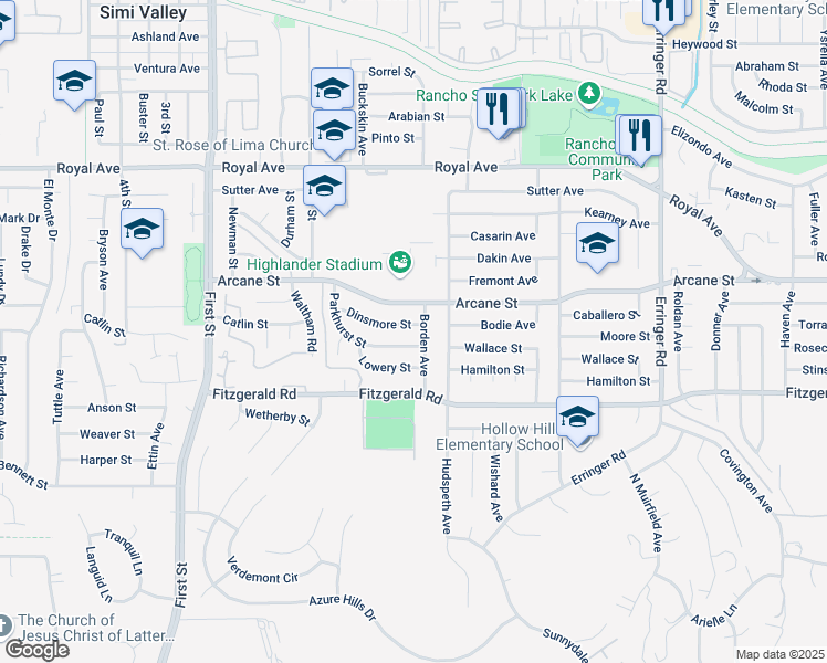 map of restaurants, bars, coffee shops, grocery stores, and more near 1448 Parkhurst Street in Simi Valley