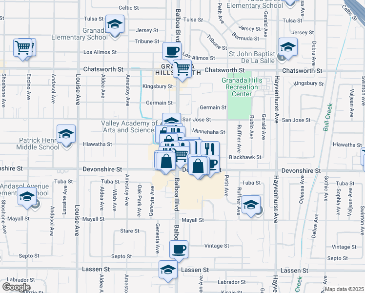 map of restaurants, bars, coffee shops, grocery stores, and more near 16955 Blackhawk Street in Los Angeles