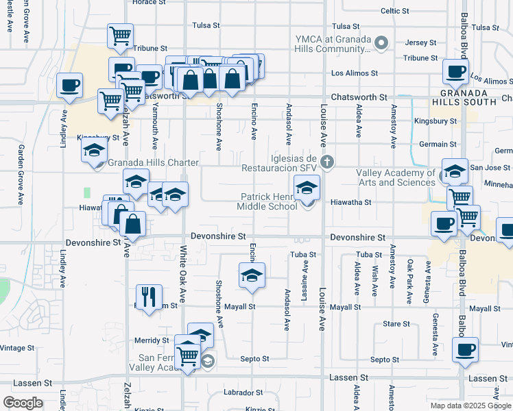 map of restaurants, bars, coffee shops, grocery stores, and more near 17456 Hiawatha Street in Los Angeles