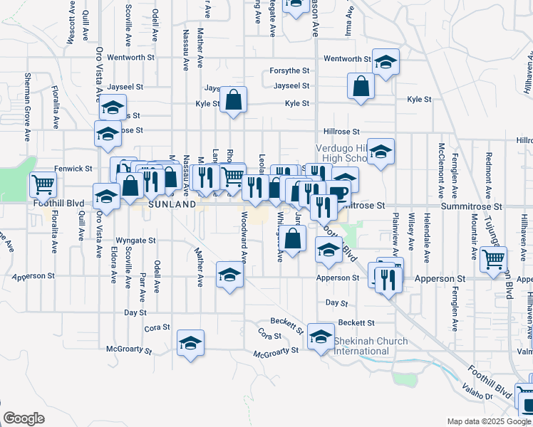 map of restaurants, bars, coffee shops, grocery stores, and more near 10425 Whitegate Avenue in Los Angeles
