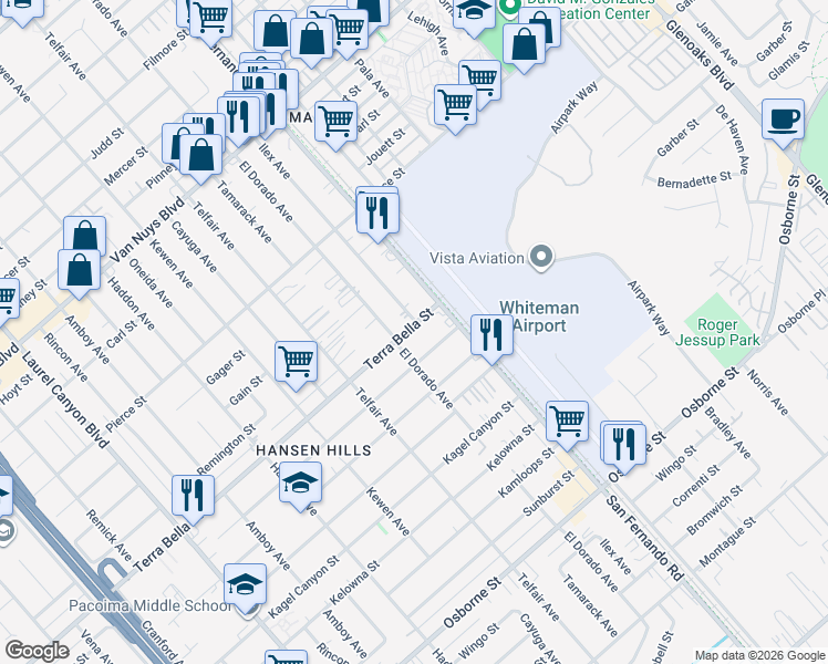 map of restaurants, bars, coffee shops, grocery stores, and more near 13066 Terra Bella Street in Los Angeles