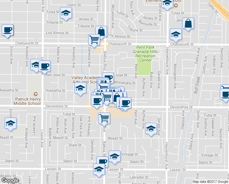map of restaurants, bars, coffee shops, grocery stores, and more near 16950 Blackhawk Street in Los Angeles