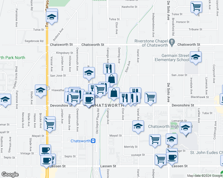 map of restaurants, bars, coffee shops, grocery stores, and more near 10341 Canoga Avenue in Los Angeles