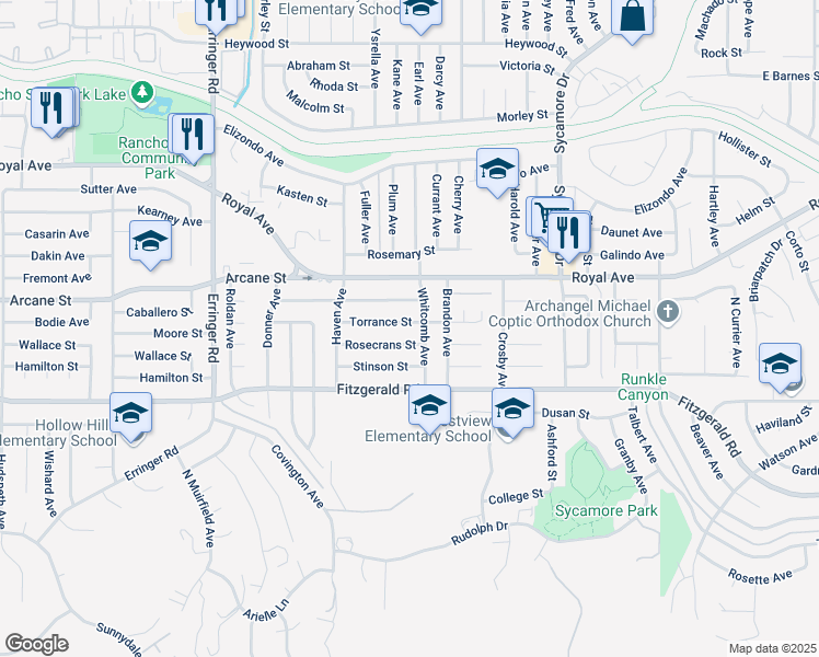 map of restaurants, bars, coffee shops, grocery stores, and more near 2276 Rosecrans Street in Simi Valley
