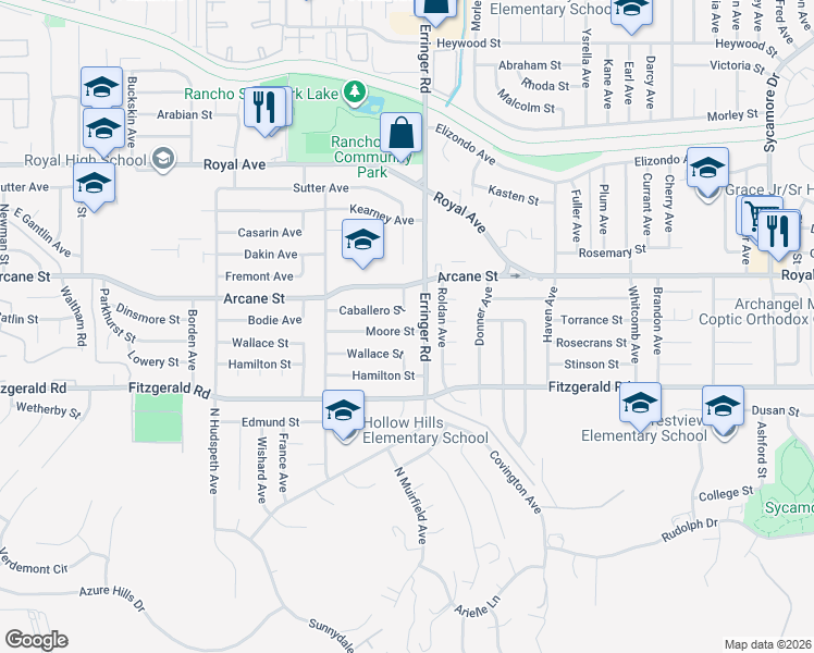 map of restaurants, bars, coffee shops, grocery stores, and more near 1849 Wallace Street in Simi Valley